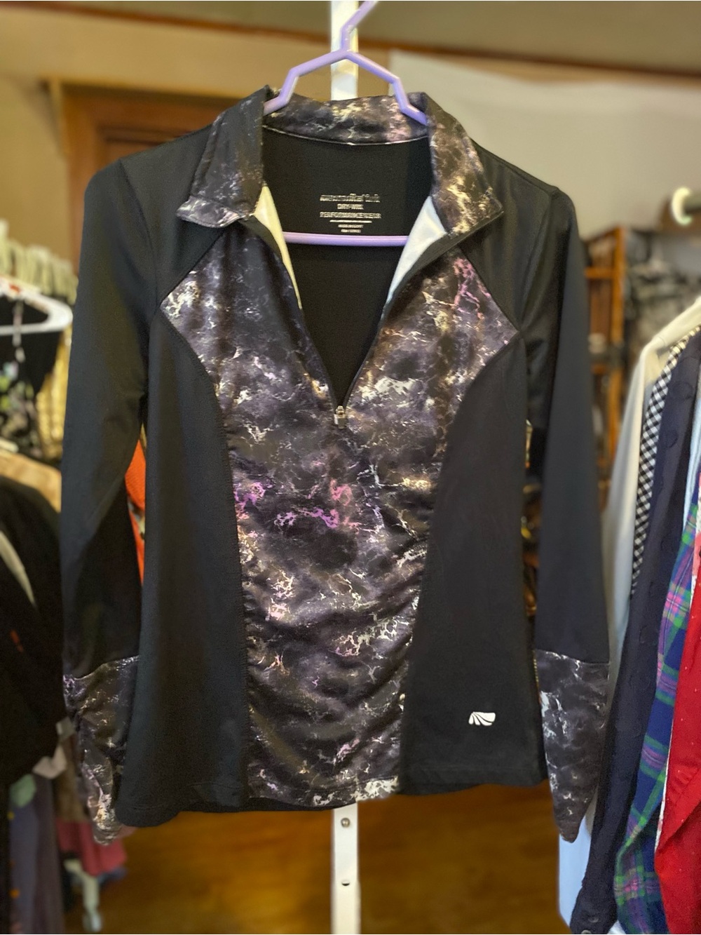 Marika Black Quarter-Zip Top with Purple Marble Panels and thumb holes